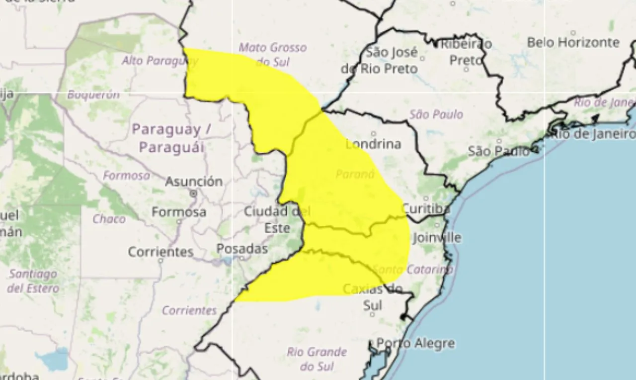 o mapa mostra as &aacute;reas em alerta para chuva intensa e ventos fortes